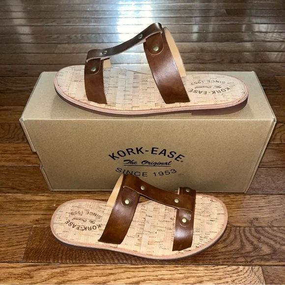 Kork-Ease Basel T Strap Sandals Brown Leather Brassy Hardware Women’s Size 8 - Picture 2 of 12